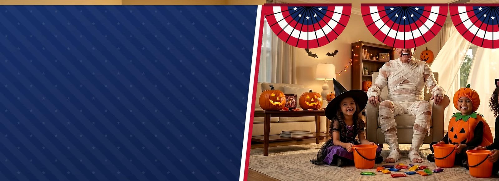Campaign-poster style art from the Halloween spot: a grandfather in a mummy costume laughs with grandchildren dressed as a witch, a pumpkin and a cat, under red, white and navy bunting.