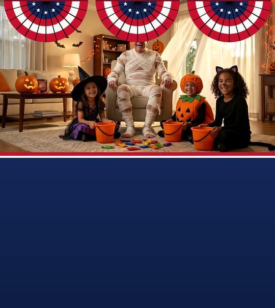 Campaign-poster style art: a grandfather in a mummy costume laughing with grandchildren in Halloween costumes, under bunting.