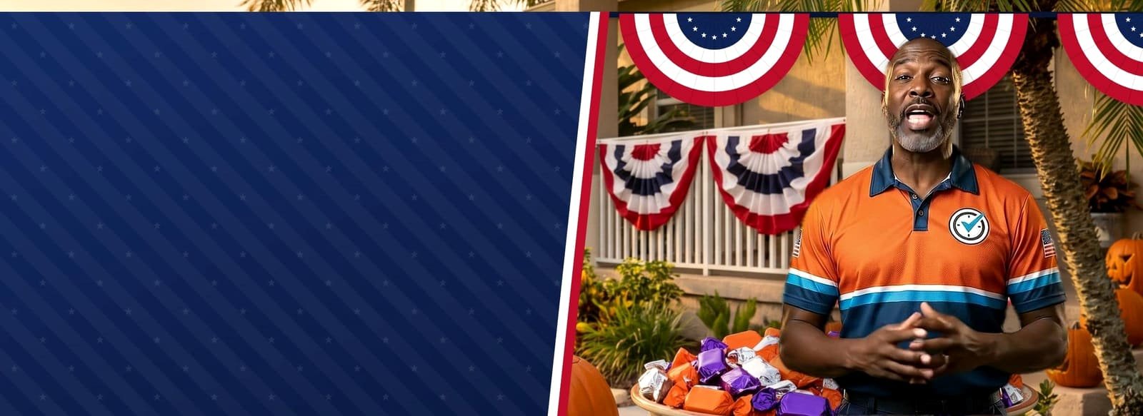 Campaign-poster style art: an Abraham AC technician speaking to the camera in front of a sunny Halloween porch with jack-o'-lanterns and red, white and navy bunting.