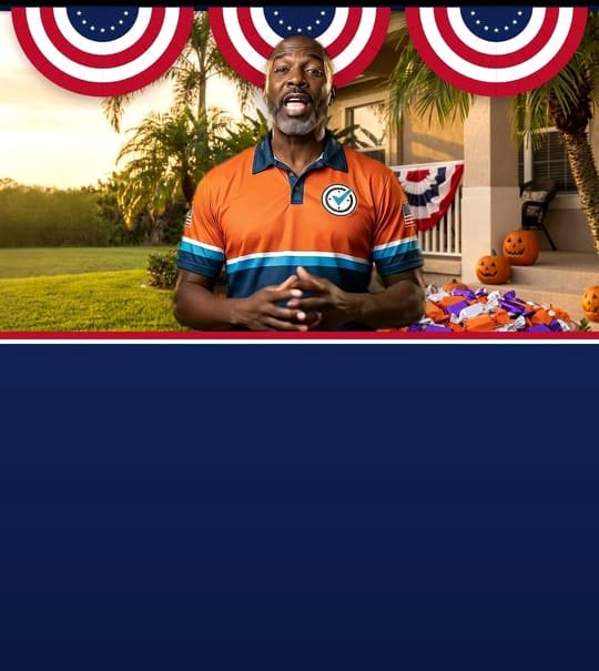 Campaign-poster style art: an Abraham AC technician speaking to the camera on a Halloween porch with jack-o'-lanterns and bunting.