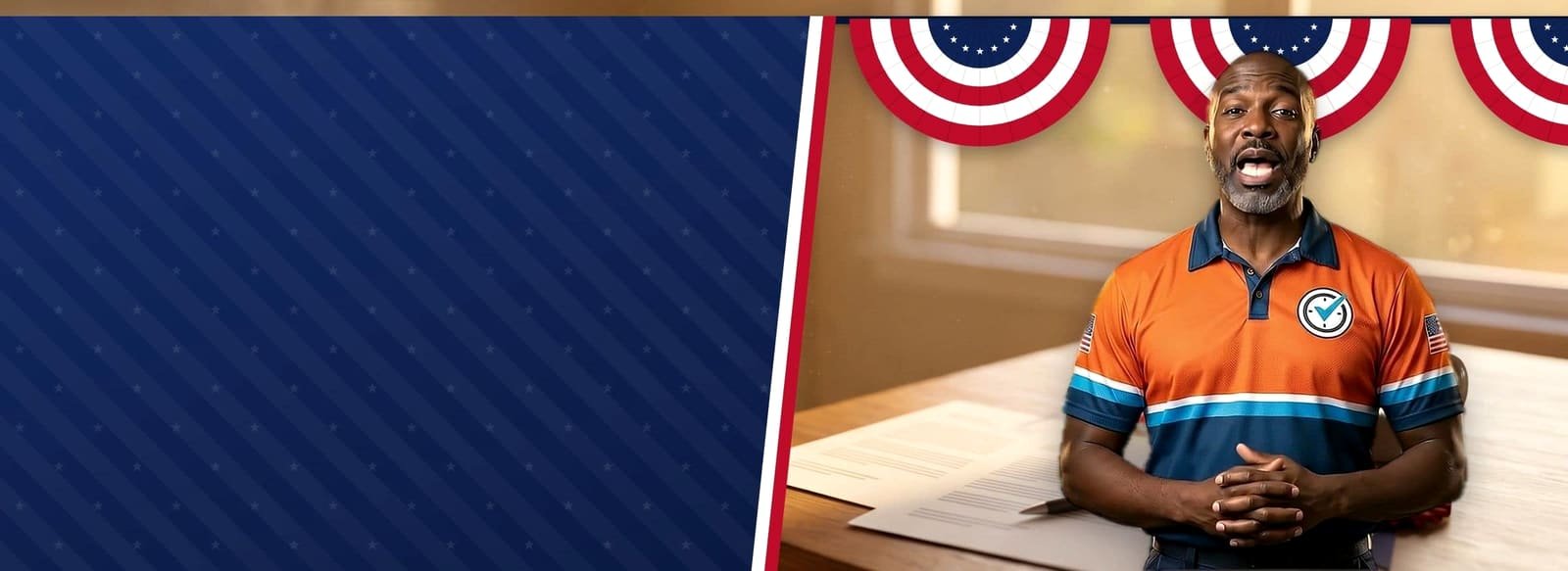 Campaign-poster style art: an Abraham AC technician speaking to the camera in front of a sunny kitchen table with two AC quotes, reading glasses and coffee, under red, white and navy bunting.