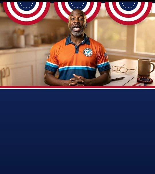 Campaign-poster style art: an Abraham AC technician speaking to the camera in front of a kitchen table with two AC quotes.