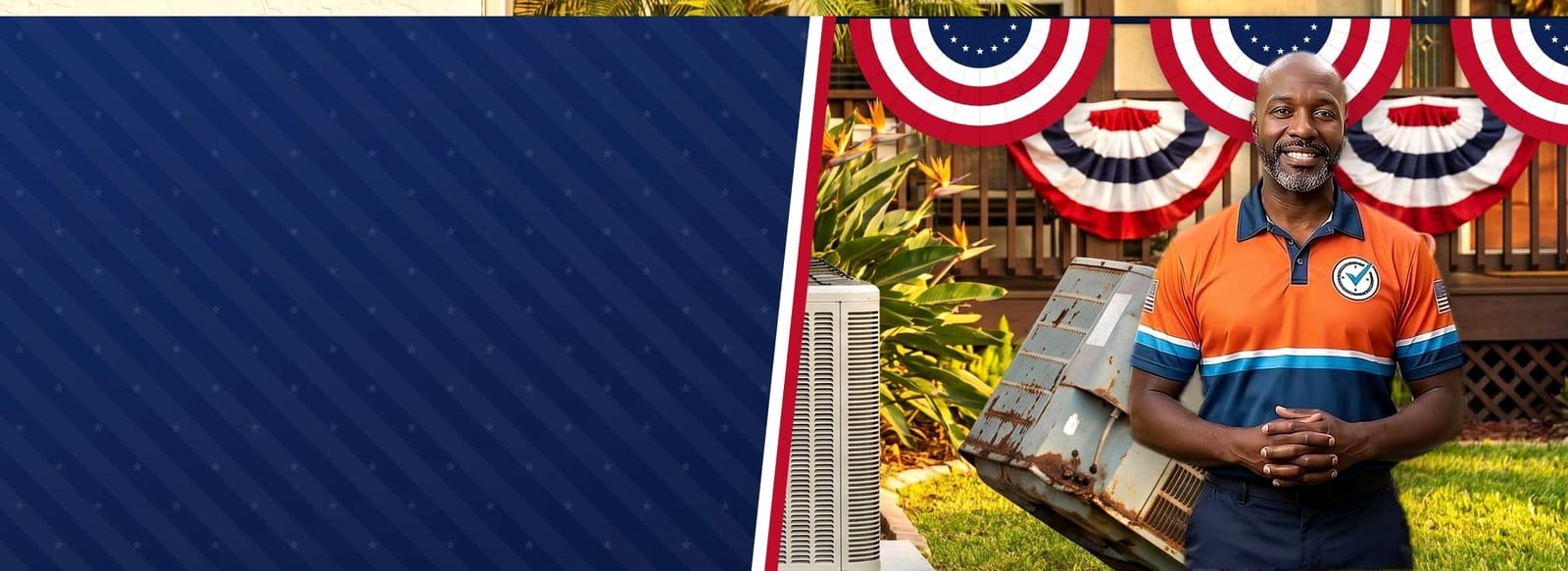 Campaign-poster style art: a smiling Abraham AC technician stands beside a new AC condenser, with the old rusty unit on a hand truck and red, white and navy bunting on the porch behind him.