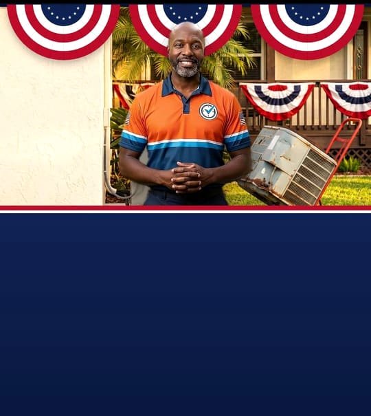 Campaign-poster style art: a smiling Abraham AC technician beside a new AC condenser and the old unit on a hand truck, under red, white and navy bunting.