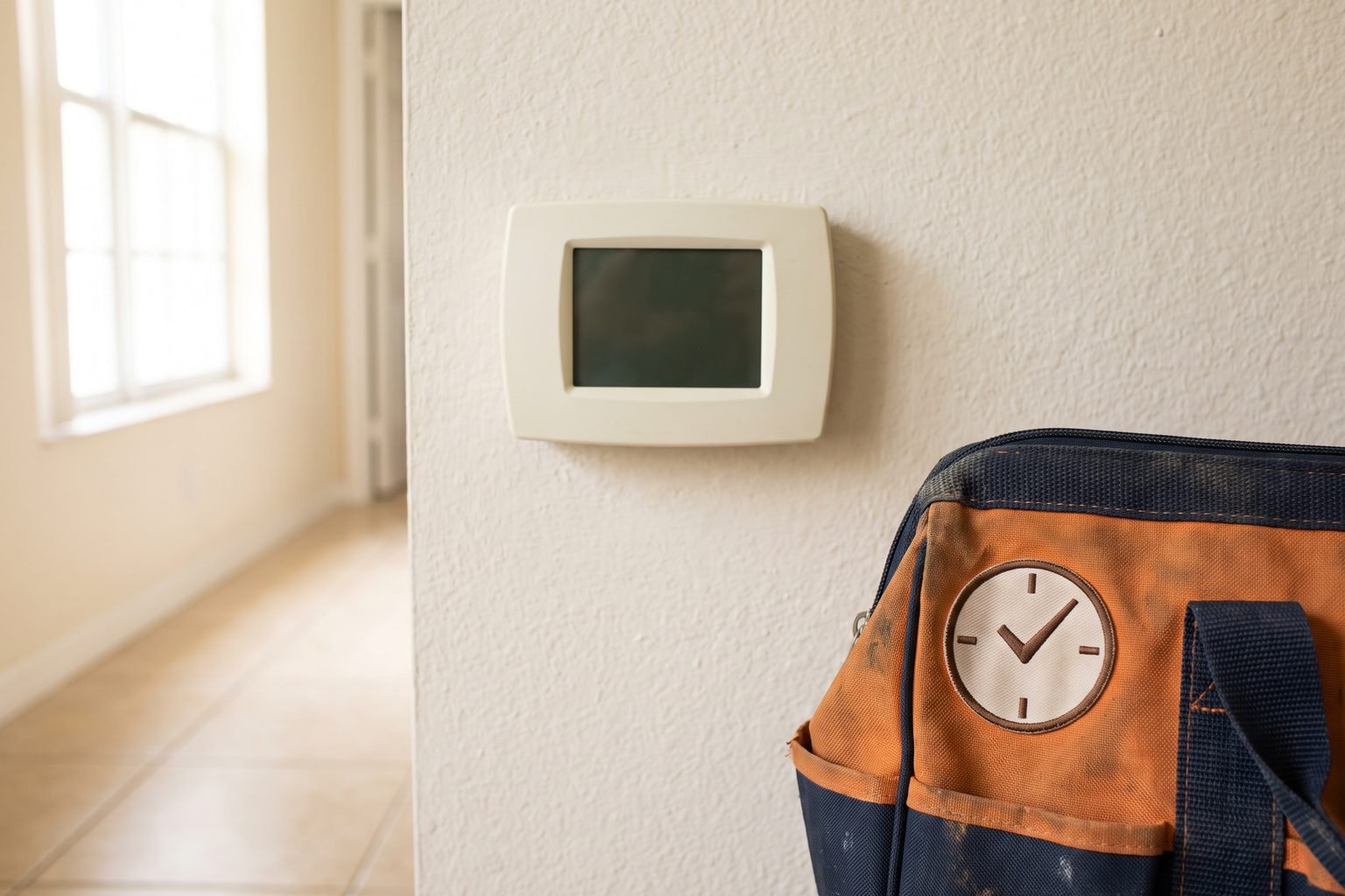Thermostat on a bright hallway wall beside an HVAC tool bag