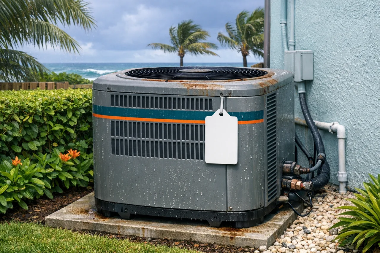 Outdoor condenser near coastal Florida air for an AC lifespan planning calculator.