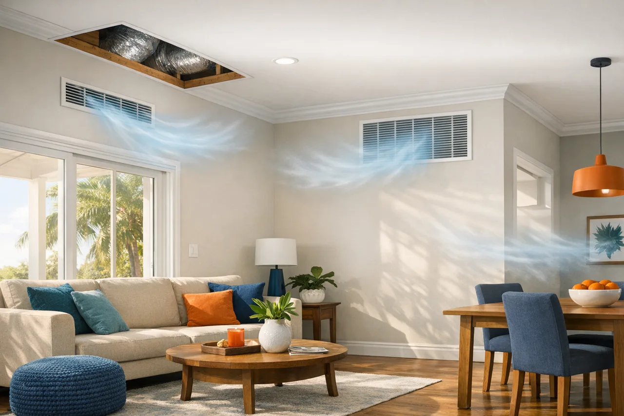 South Florida home cutaway with airflow paths for an AC size and BTU calculator.