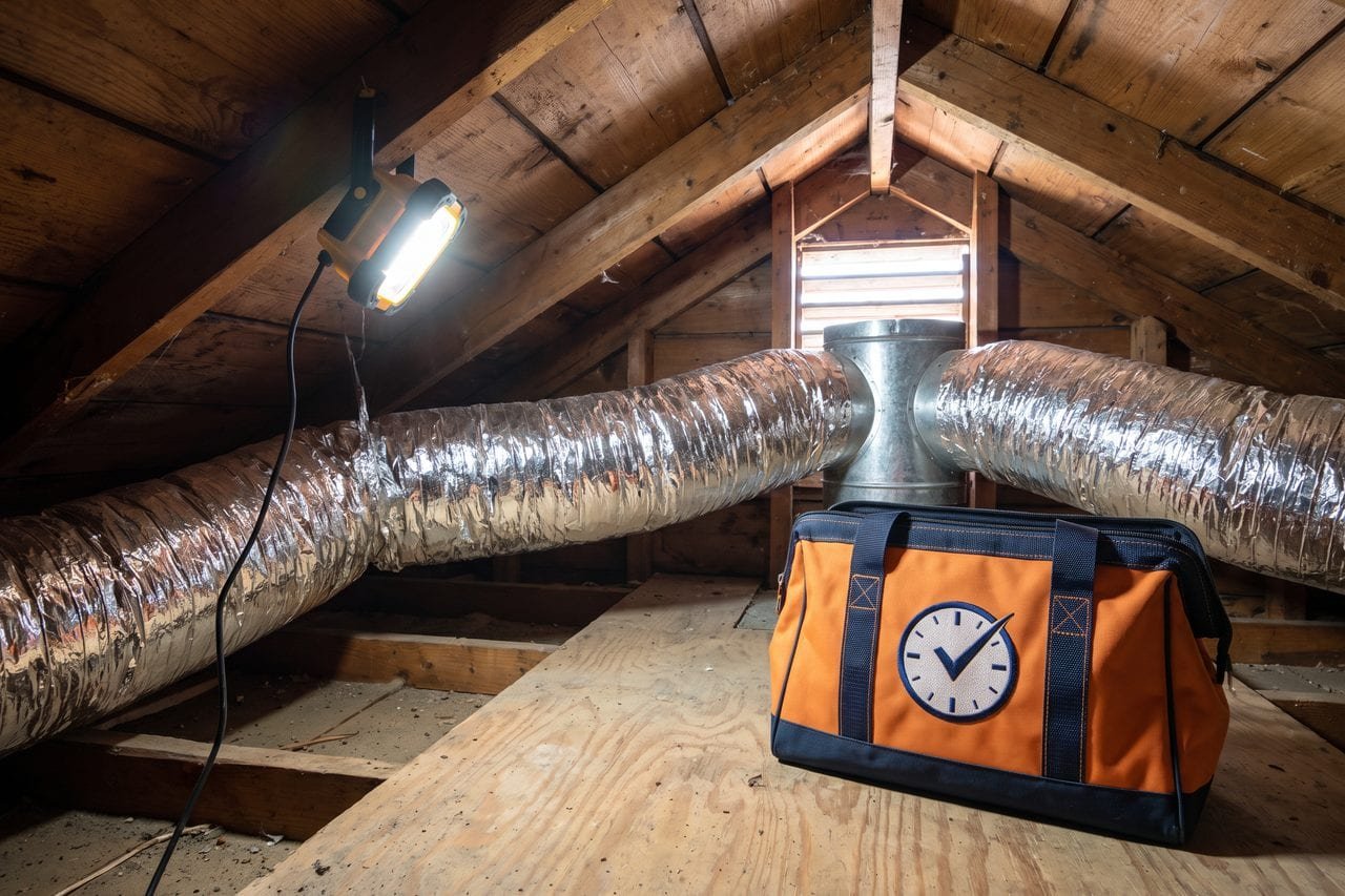 Insulated flex duct running through an attic beside a work light