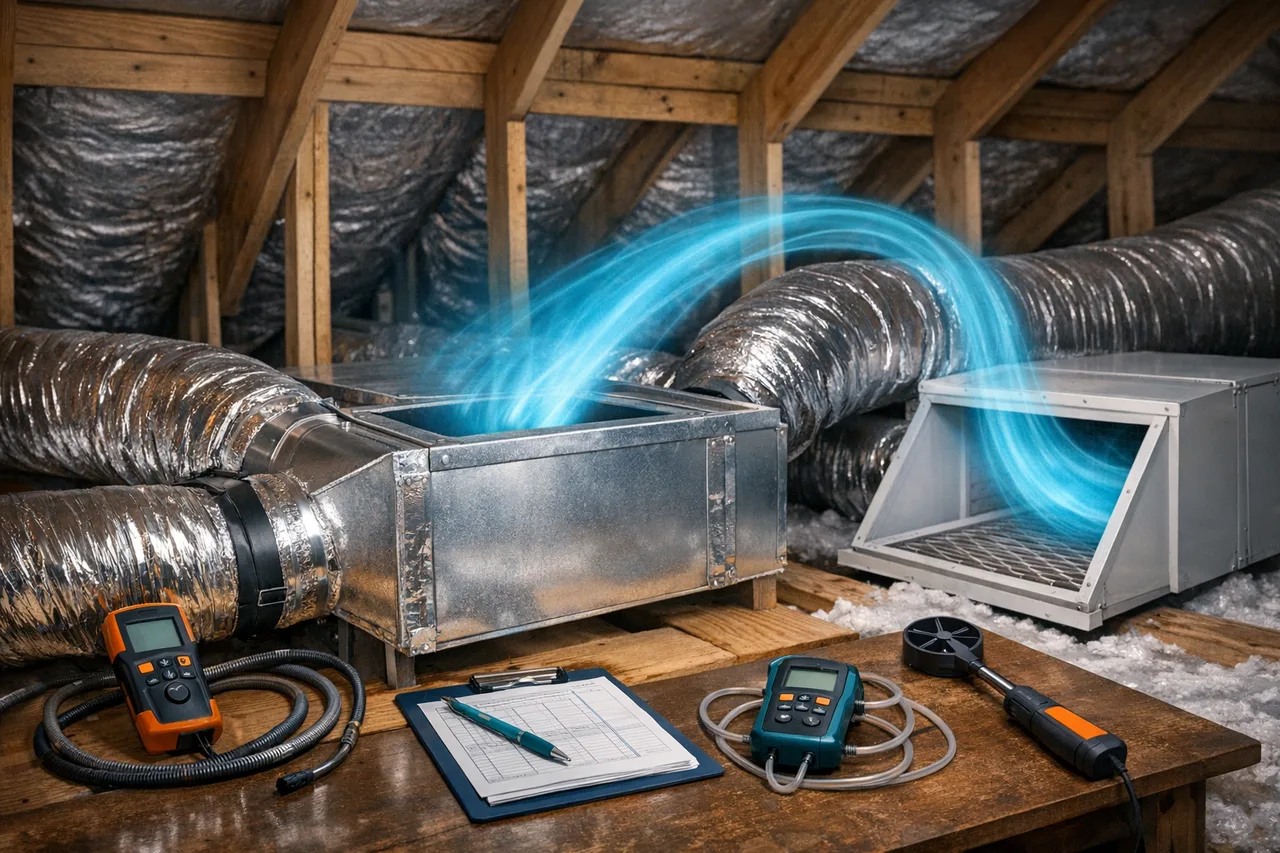 Attic ductwork and airflow paths for a duct CFM calculator.