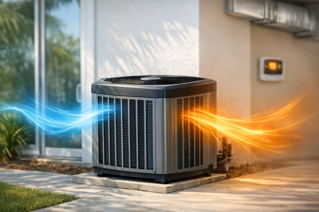 Florida heat pump system with cooling and heating airflow for a savings calculator.