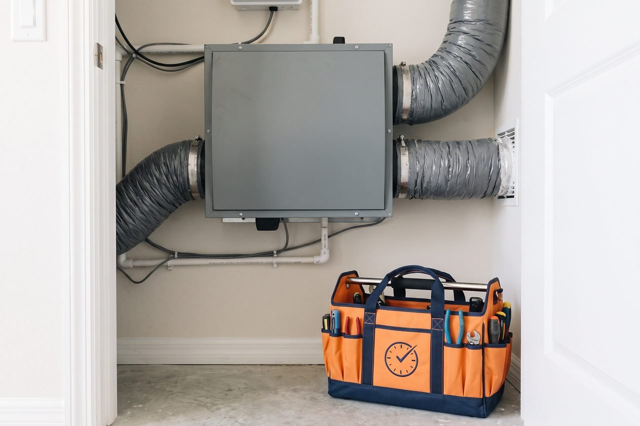 Whole-house dehumidifier mounted in a utility closet with insulated flex duct