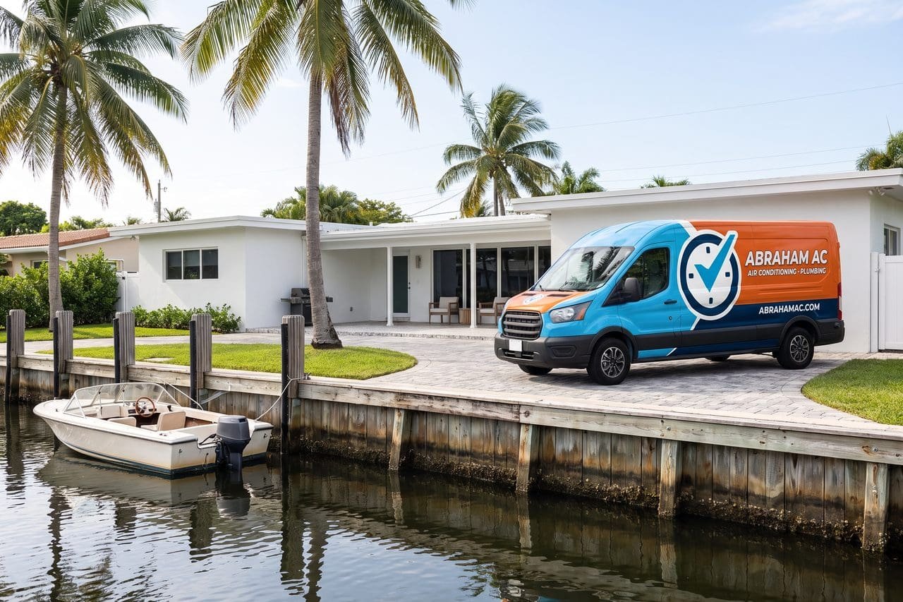 Service van parked in the driveway of a canal-front home