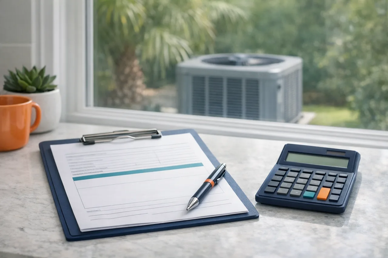 HVAC payment planning scene for a monthly financing calculator.