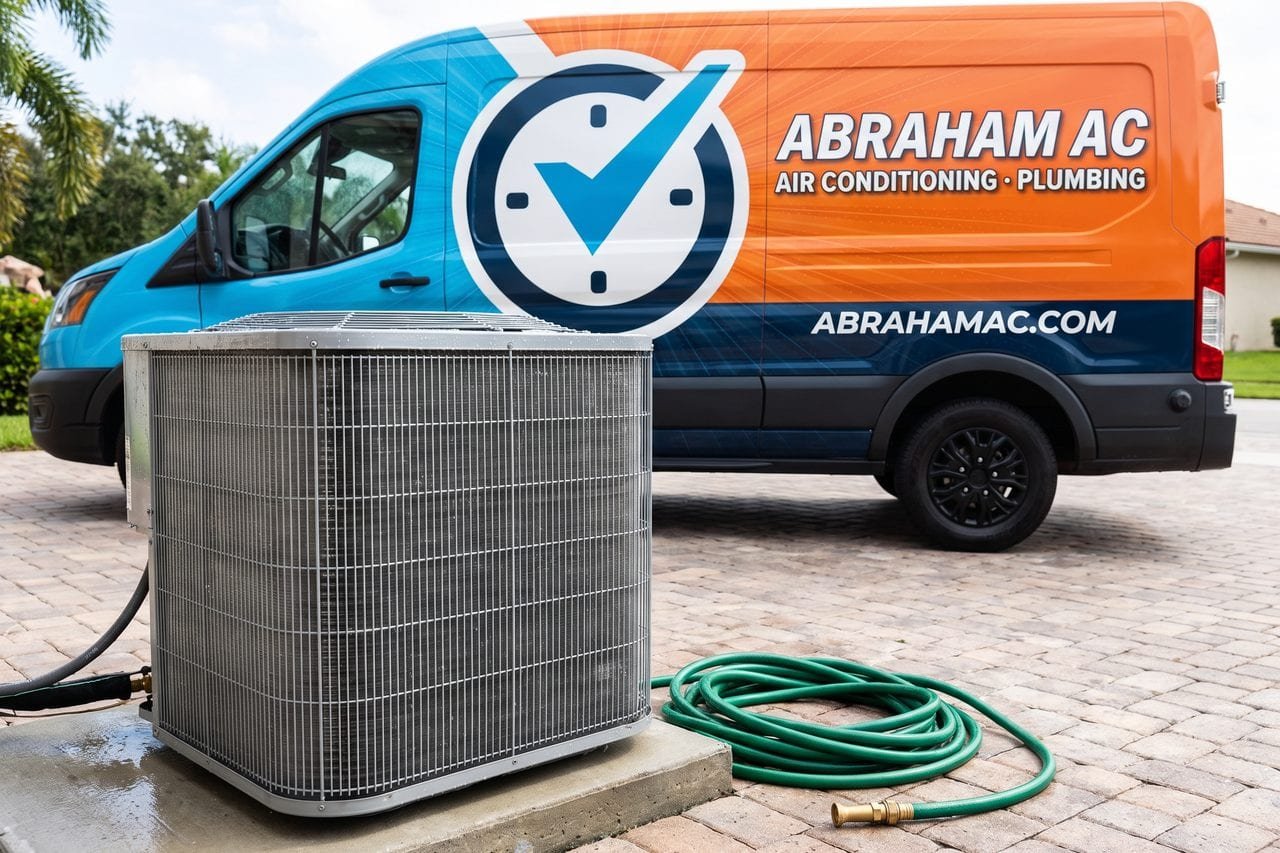 Outdoor condenser with a coiled garden hose beside a service van