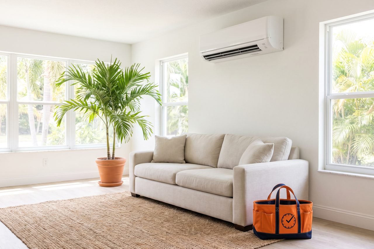 Ductless mini-split indoor unit high on a bright living room wall