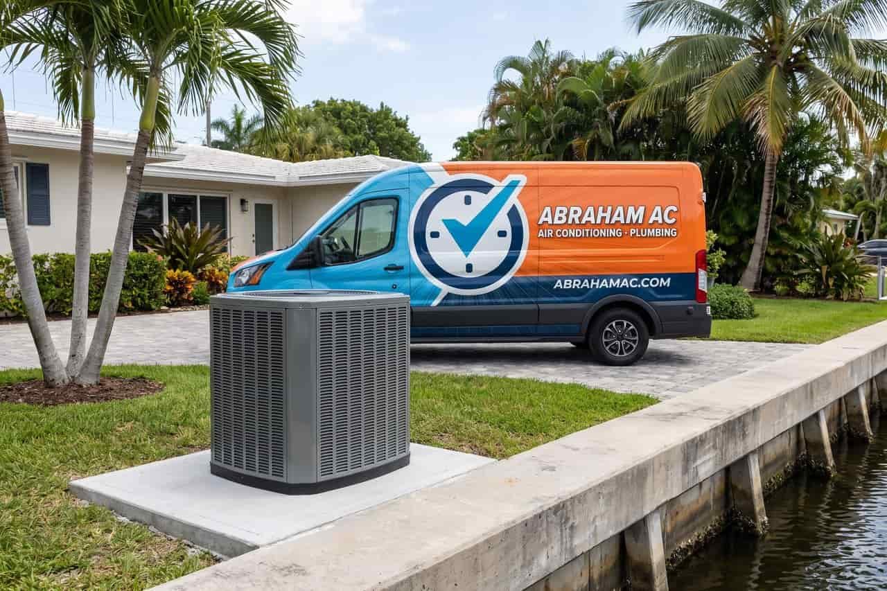 New air conditioner on a concrete pad beside a driveway with a service van parked behind it