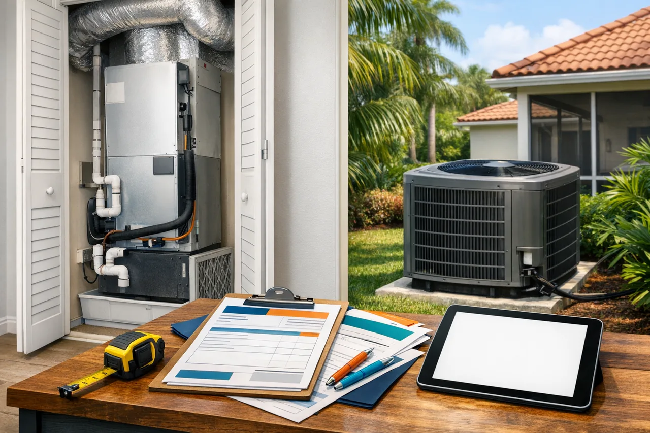 Broward County AC replacement planning visual with condenser, ducts, and estimate tools.