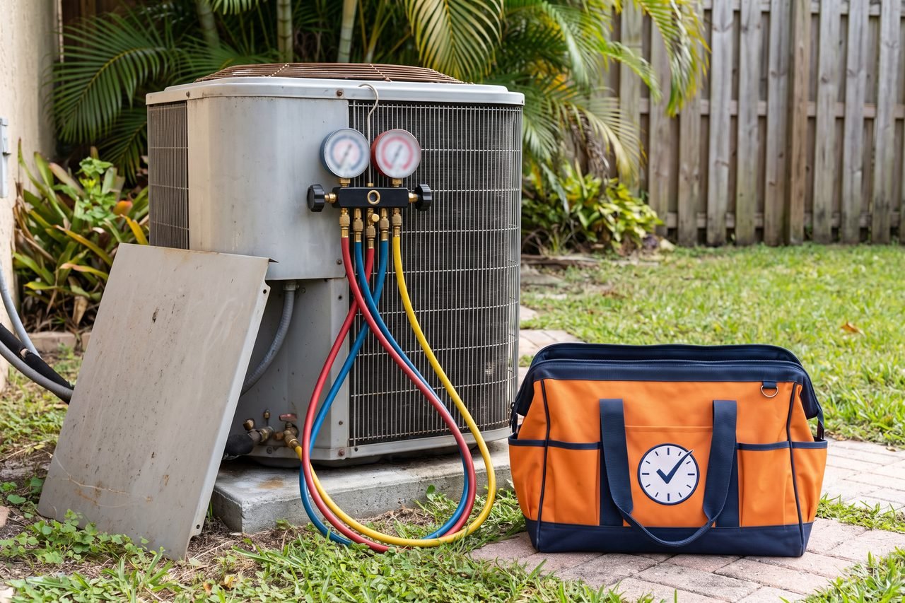 Outdoor air conditioner with its service panel removed and manifold gauges attached