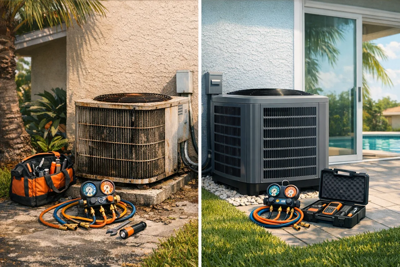 Older and newer AC condensers shown for a Florida repair versus replacement decision.