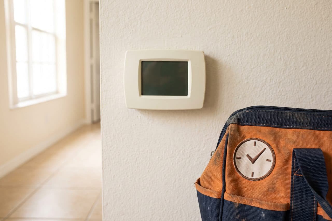 Thermostat on a bright hallway wall beside an HVAC tool bag